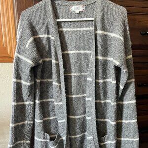 Pink Rose Brand Gray and White Striped Cardigan Sweater, Small